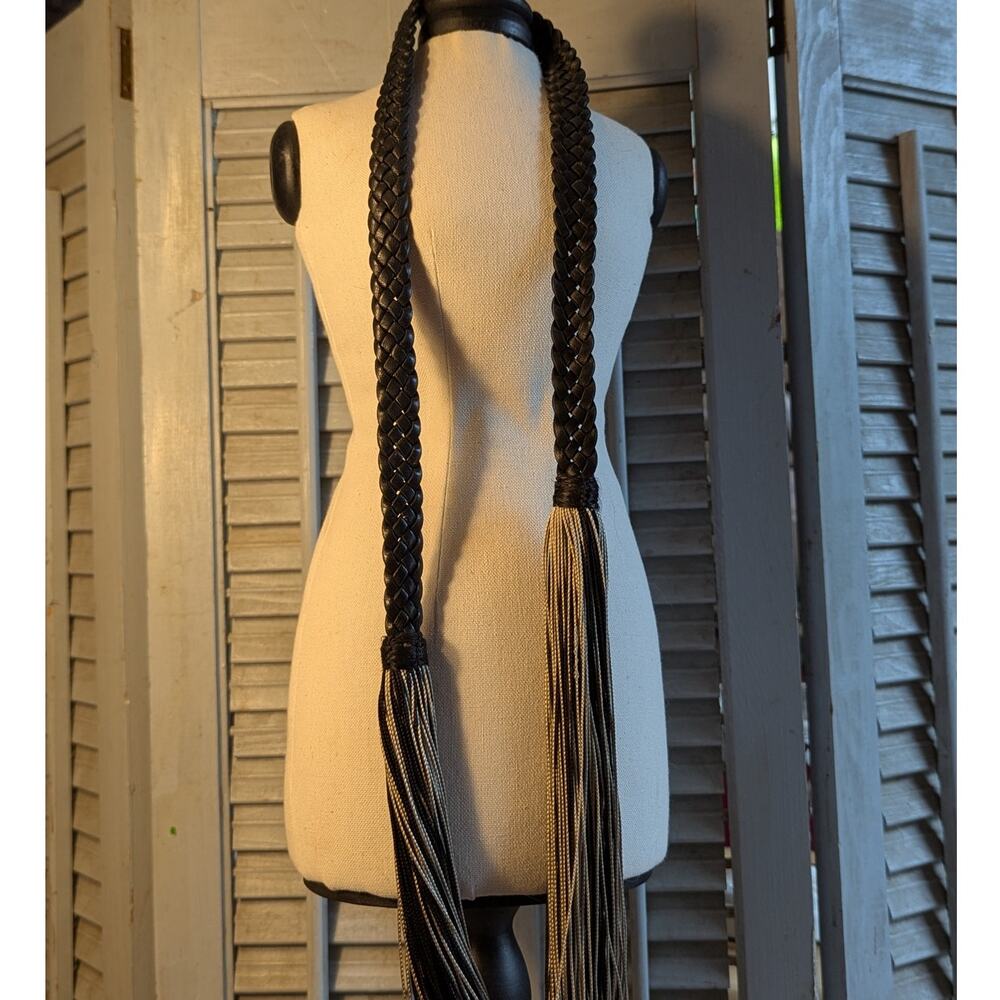 Boho two tone fiber necklace with braided black leather